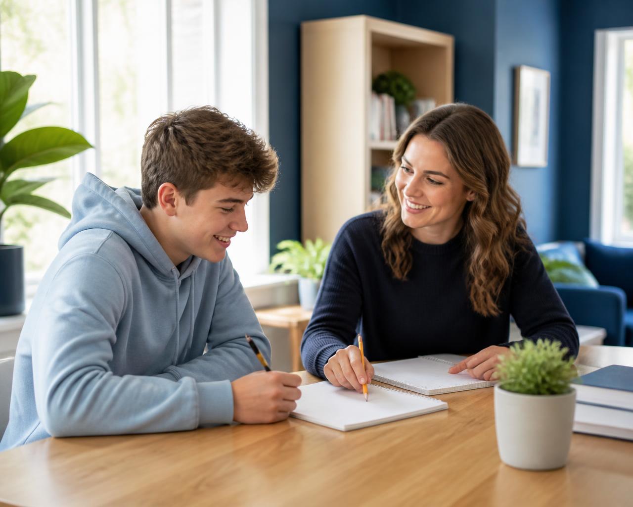 Symbolische Lernszene: Eine Lehrkraft erklärt einem Schüler eine Aufgabe